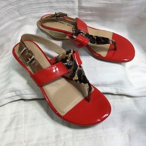 Antonio Melani narrow wedges, size 6M, leopard look toe strap, 1.5” heel